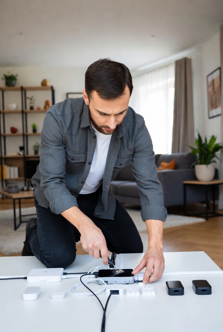 Technician installing and configuring smart home automation devices