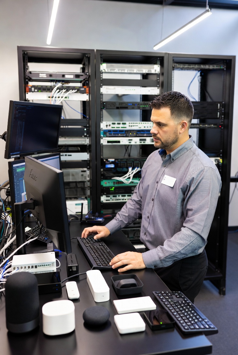 Professional technician configuring smart home devices and automation systems